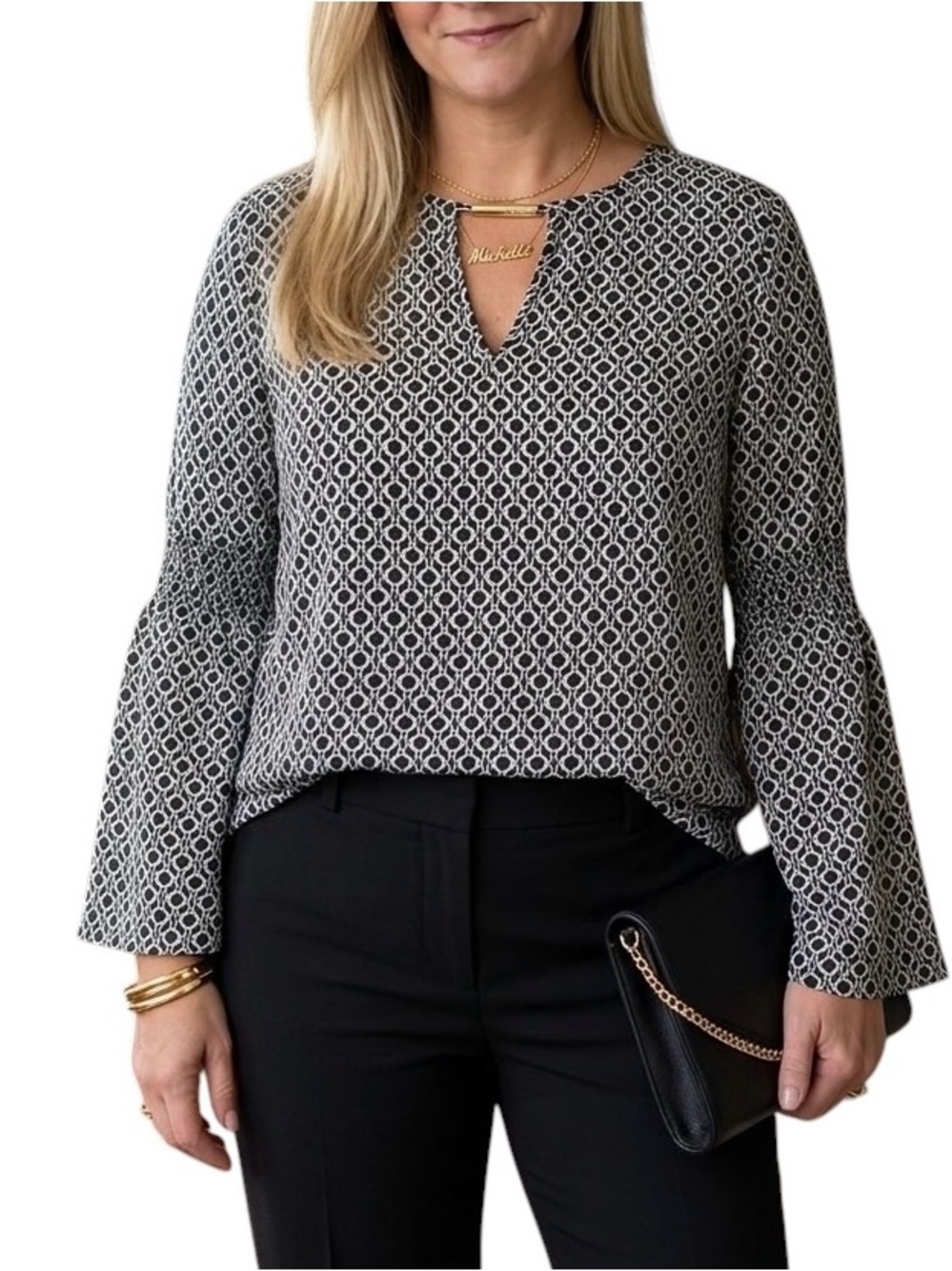 Michael Kors Black & White Geometric Blouse Size M NWT Bell Sleeve Gold Hardware
